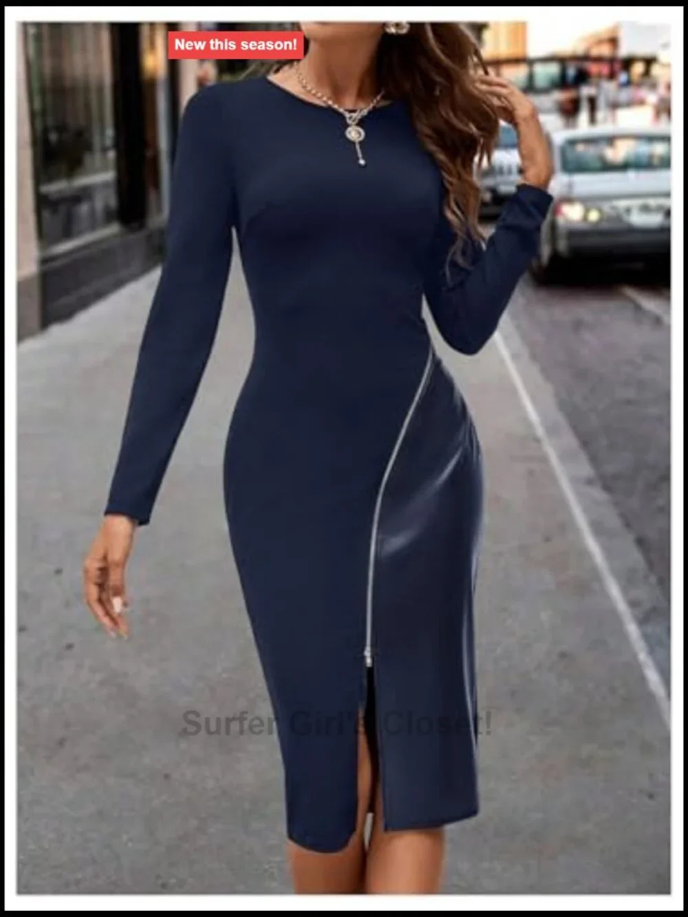 Patchwork Leather Bodycon Dress Long Sleeve Zipper Split Hem